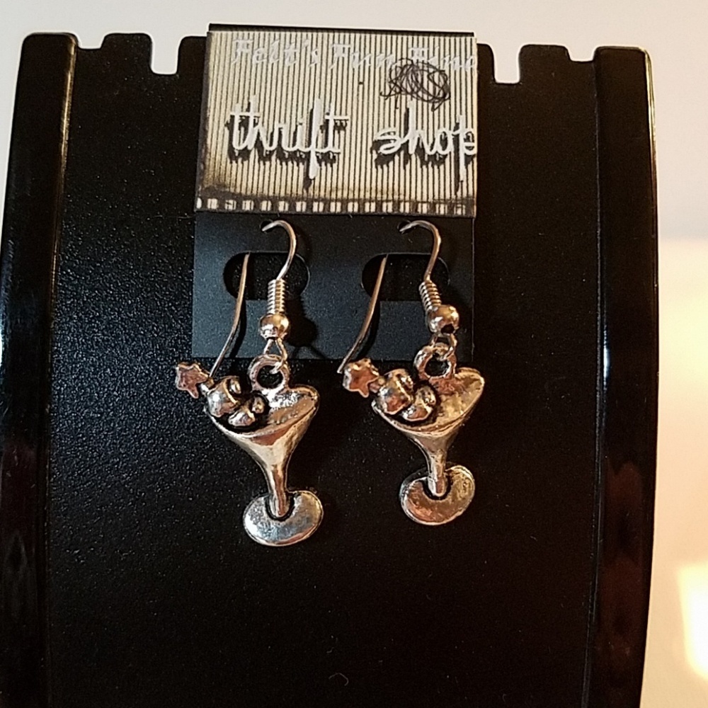 Martini Glass Silver Tone Earrings Food